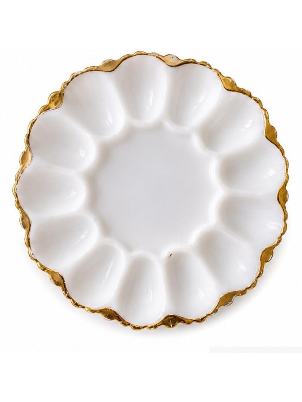Vintage Milk Glass Deviled Egg Plate Tray Gold Trim Scalloped Edge Holds 12 Eggs
